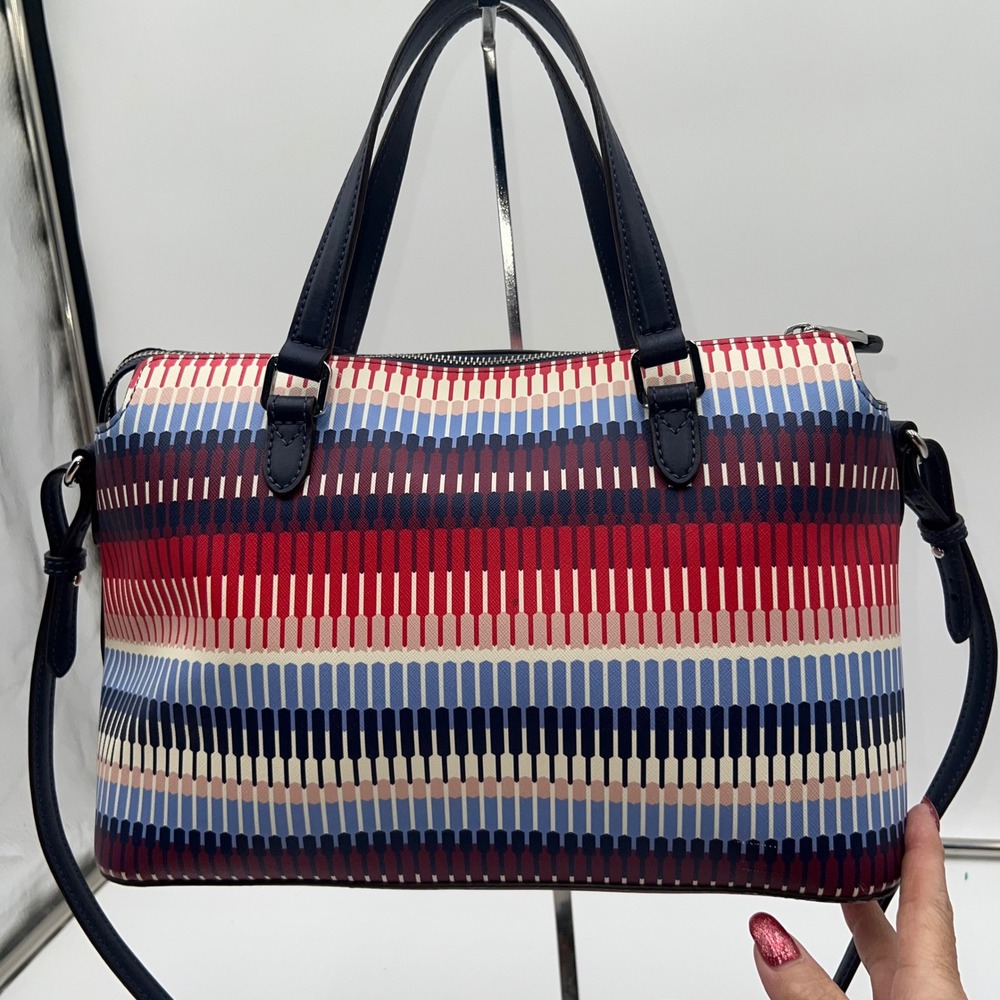 Lauren Ralph Lauren Geometric Stripe Satchel Crossbody Bag Red Blue Cream